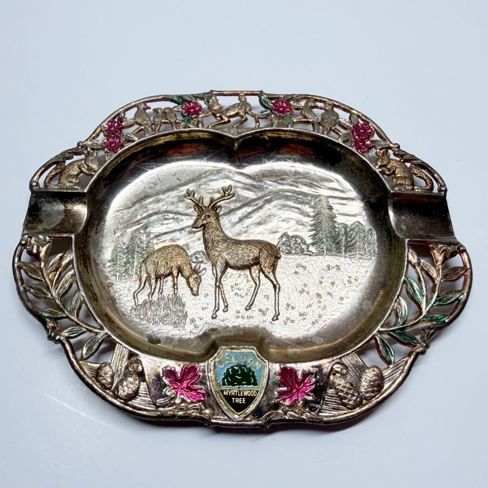 Vintage Gold Tone Deer Forest Oregon Myrtlewood Metal Ashtray